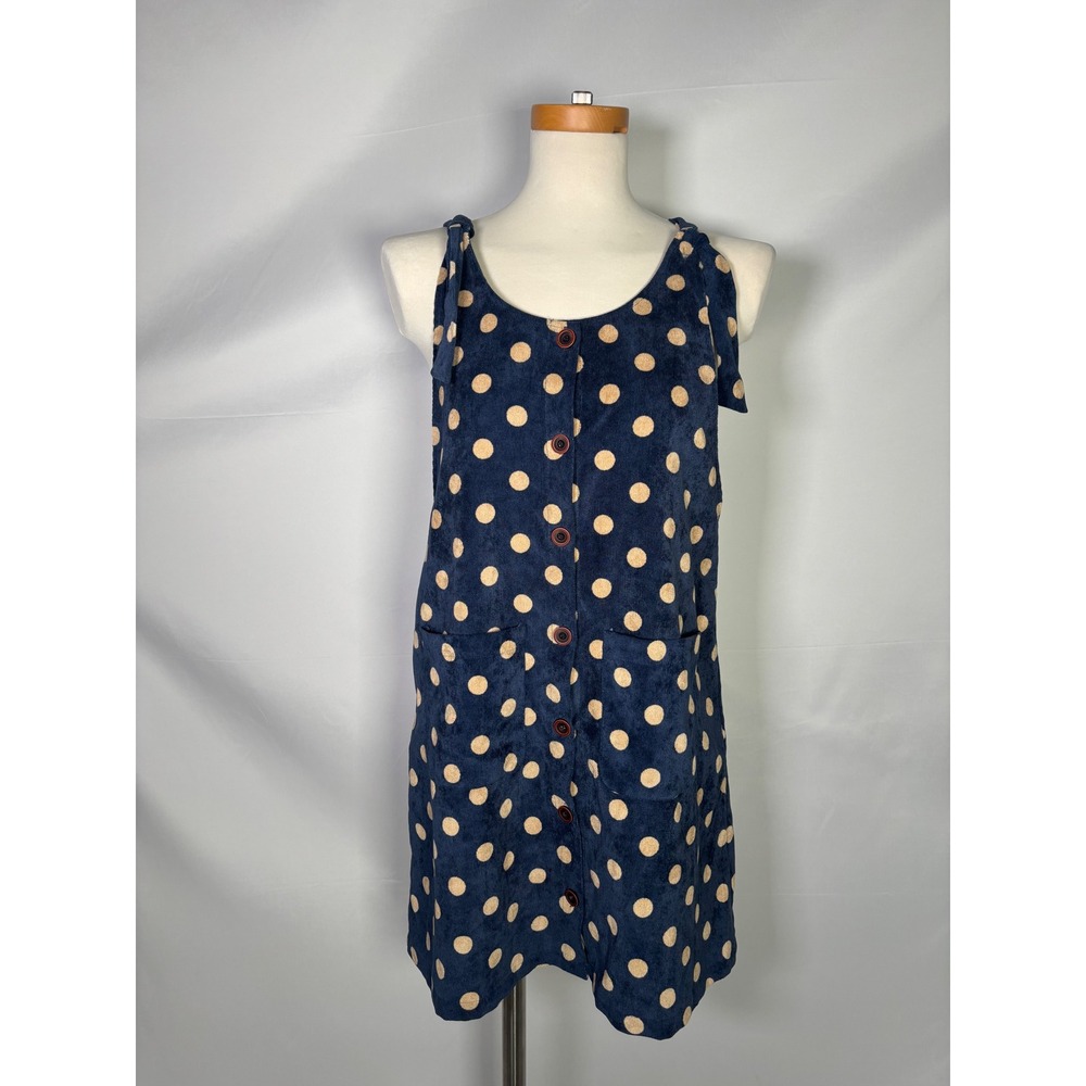 Listicle Navy Blue Polka Dot Corduroy Pinafore Jumper‎ Dress Small Tie Shoulder